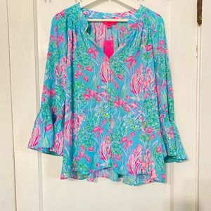 BNWT Lilly Pulitzer Dakota Top Button Down Blouse-Amalfi Blue Best Fishes Sz XL